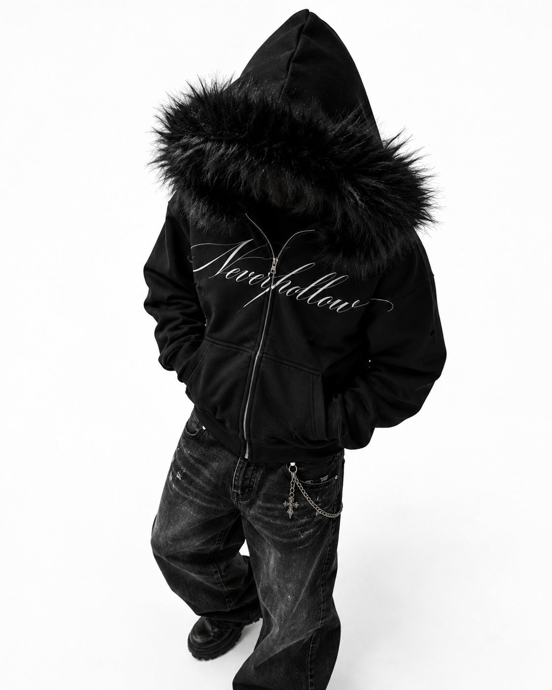 Vigil Fur Zip Hoodie Obsidian, worn zipped with the hood up, seen from above at an angle