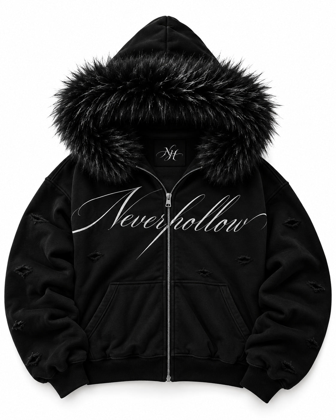 Vigil Fur Zip Hoodie Obsidian laid flat, front, with the NH label inside the hood