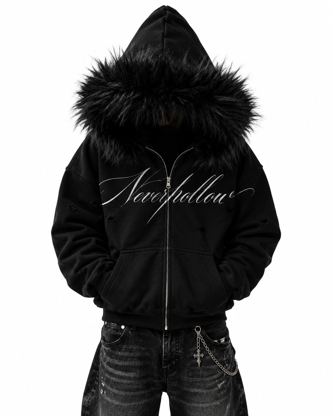 Vigil Fur Zip Hoodie Obsidian, worn zipped with the black fur hood up, front view