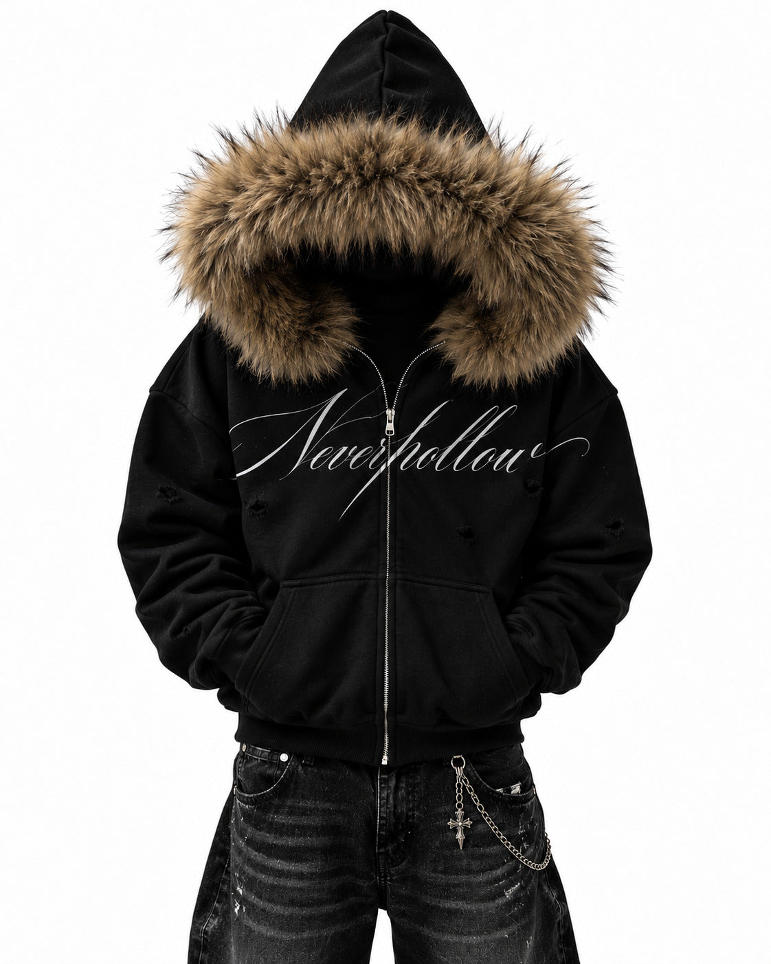 Vigil Fur Zip Hoodie Fawn, worn zipped with the brown fur hood up, front view