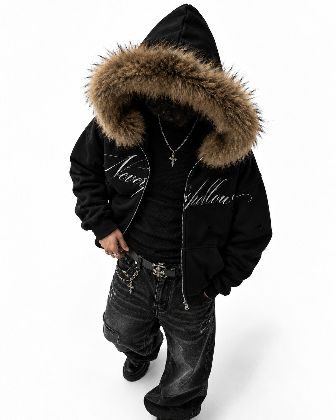 Vigil Fur Zip Hoodie Fawn, worn unzipped over a black top, seen from above at an angle