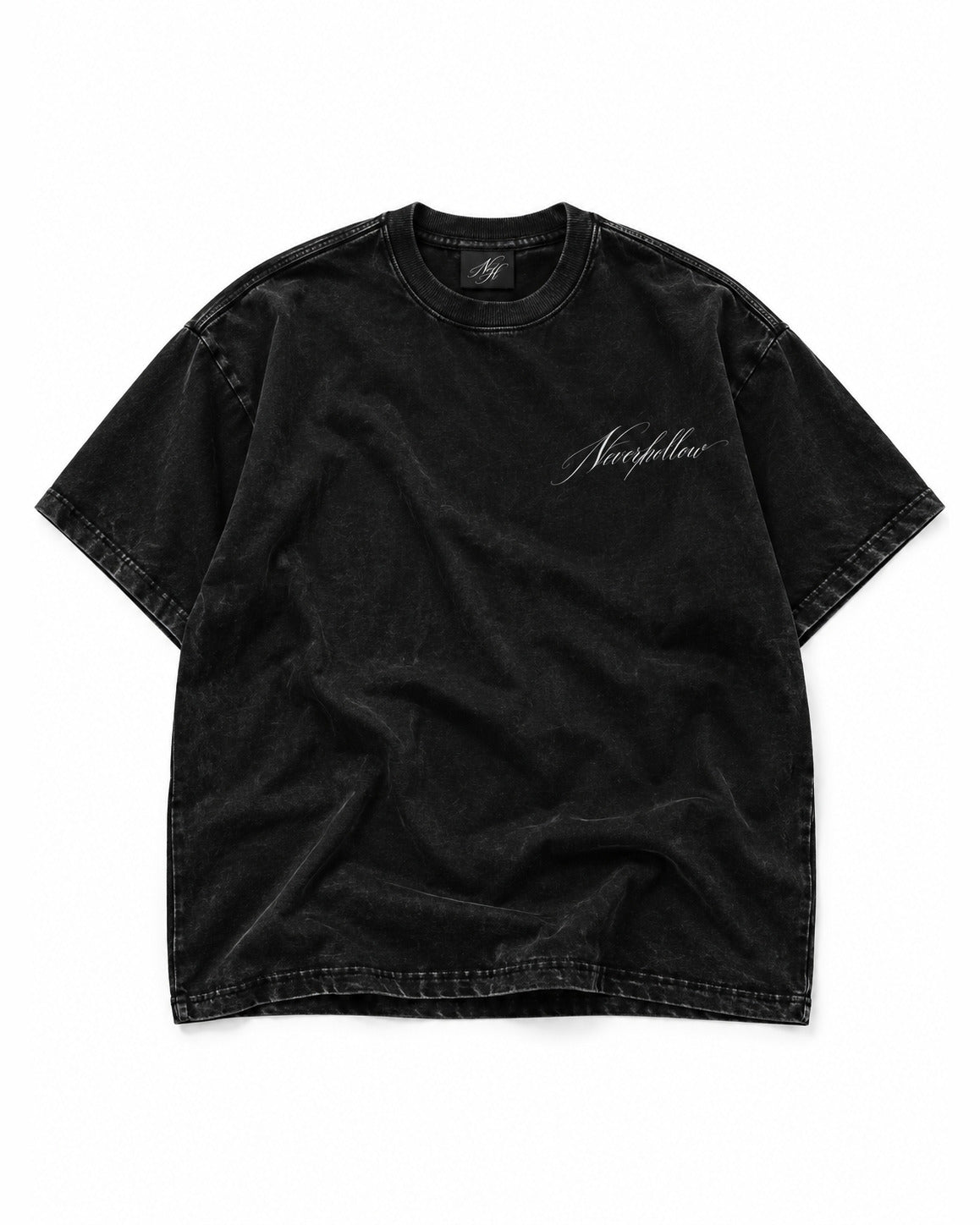 Hush Tee Obsidian laid flat, front, with the NH label at the neck
