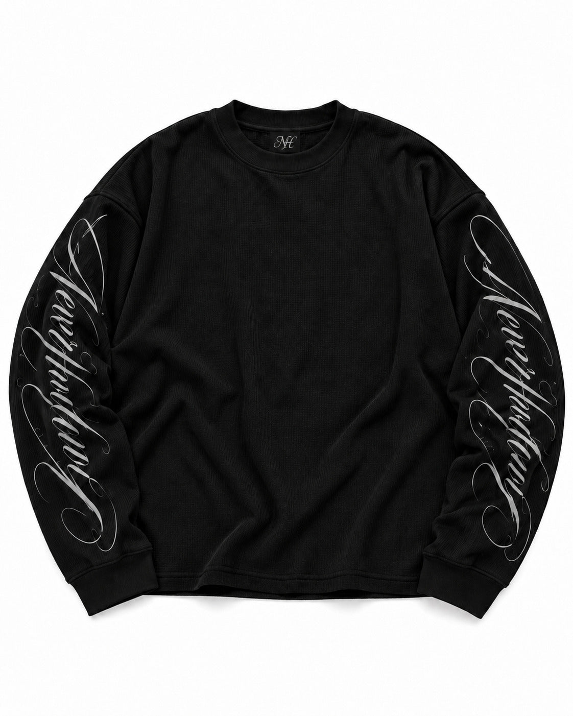 Vow Waffle Long Sleeve laid flat, front, with the NH label at the neck