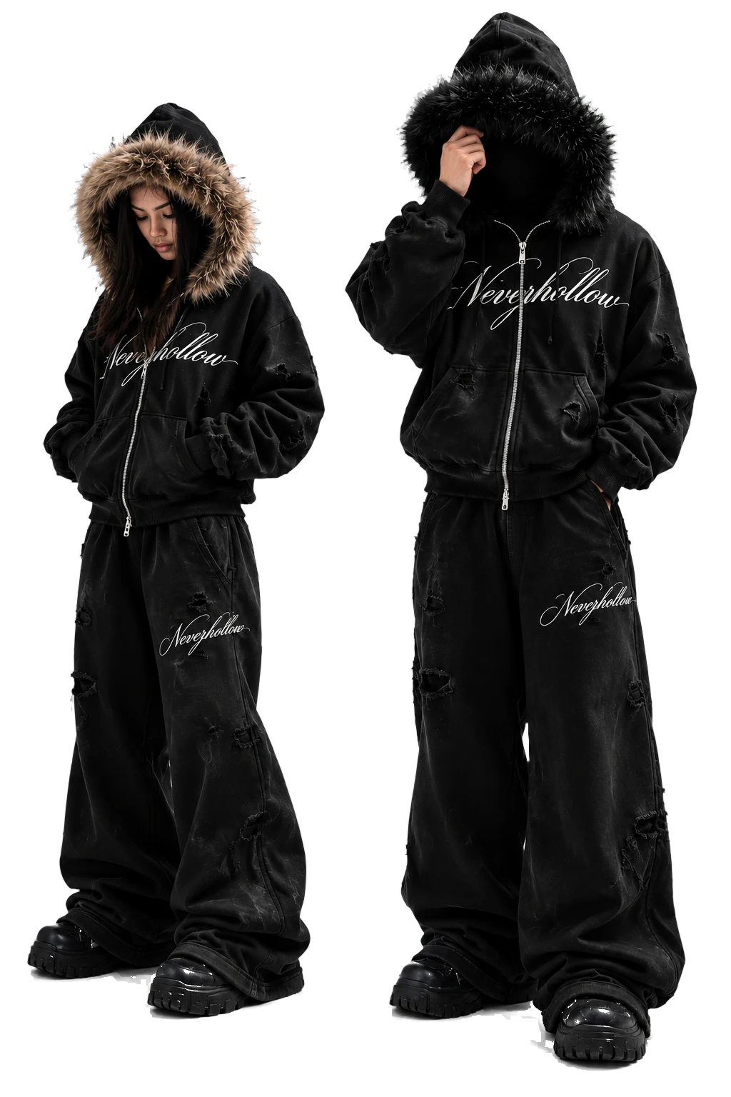 Two models in black Neverhollow zip hoodies, one with a brown fur hood and one with a black fur hood, with wide black sweatpants